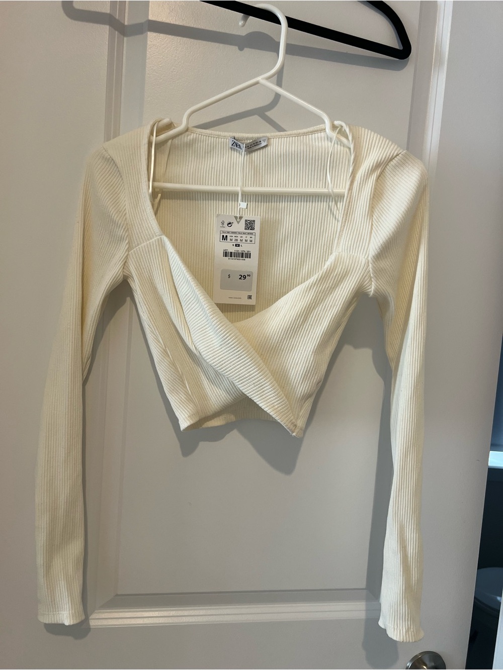 Zara Off-White Ribbed Wrap Long-Sleeve Crop Top